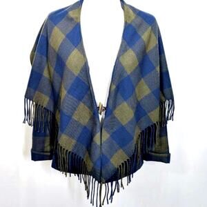 Plaid 100% Wool Navy Blue and Green Cape Blazer